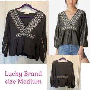 Lucky Brand Babydoll Top with Intricate Embroidery, Size M